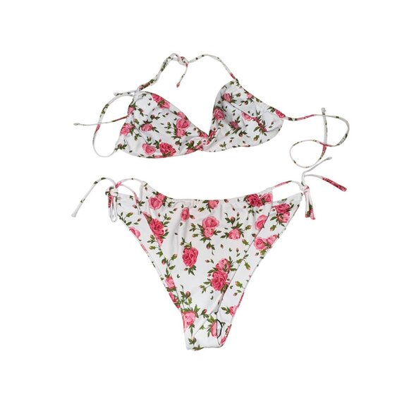 Pink Rose Floral Triangle Bikini Large White Two Piece Swimsuit Bathing Suit - Picture 1 of 5